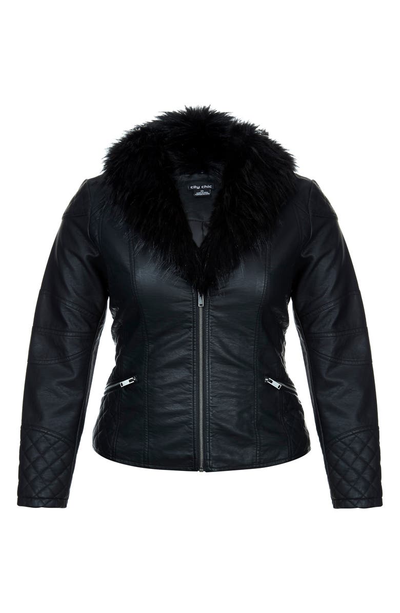 Jaqueta feminina City Chic Plus Panther Pleather com gola de pele sintética - preta, tamanho P