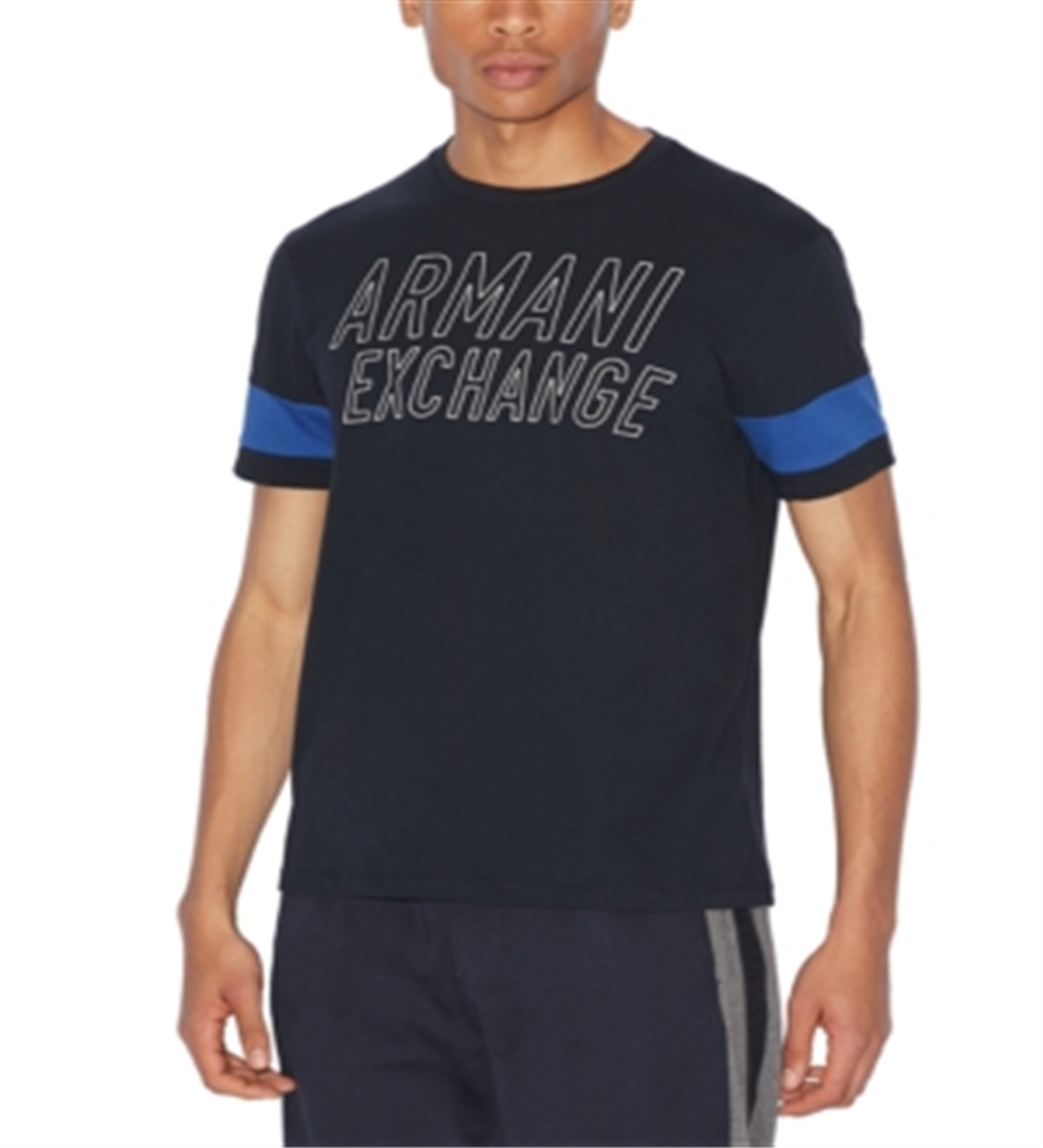 Camiseta masculina AX Armani Exchange Varsity Stencil Ax Logo com manga listrada, azul, tamanho grande
