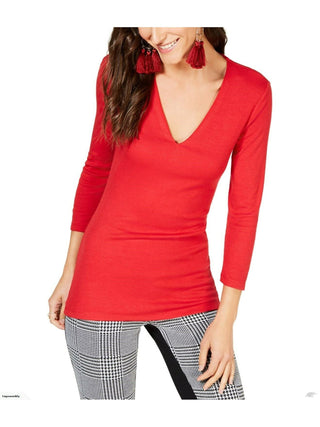 INC Women's Solid 3/4 Sleeve V Neck T-Shirt Top  Red Size  Petite L