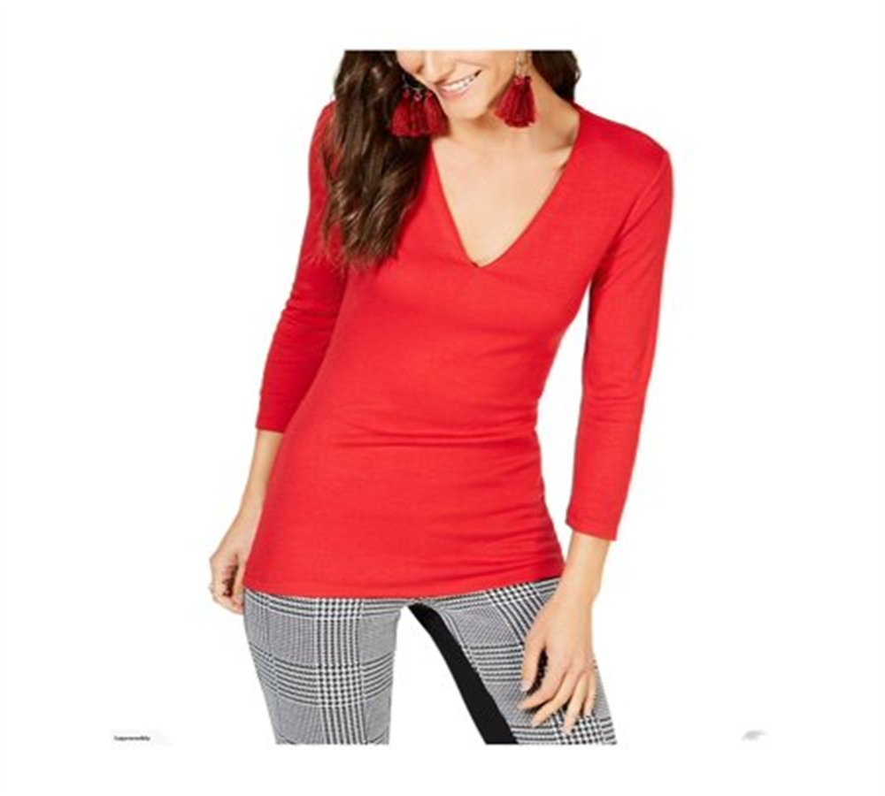 INC Camiseta feminina lisa com manga 3/4 e decote em V, vermelha, tamanho pequeno G