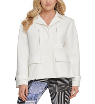Jaqueta feminina DKNY com botões frontais, utilitária, tamanho grande, cor marfim