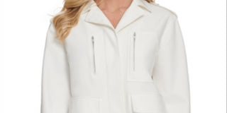 Jaqueta feminina DKNY com botões frontais, utilitária, tamanho grande, cor marfim