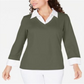 Blusa de algodão com aparência em camadas feminina Karen Scott, verde, tamanho P