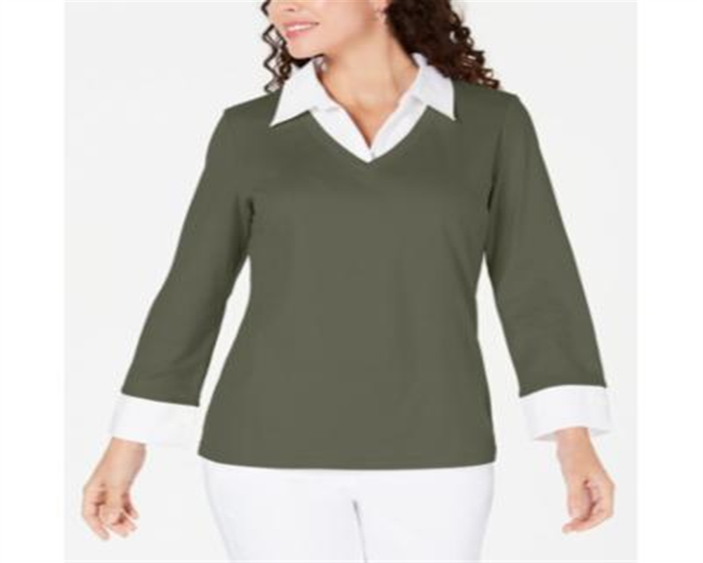 Blusa de algodão com aparência em camadas feminina Karen Scott, verde, tamanho P