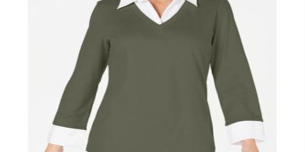 Blusa de algodão com aparência em camadas feminina Karen Scott, verde, tamanho P