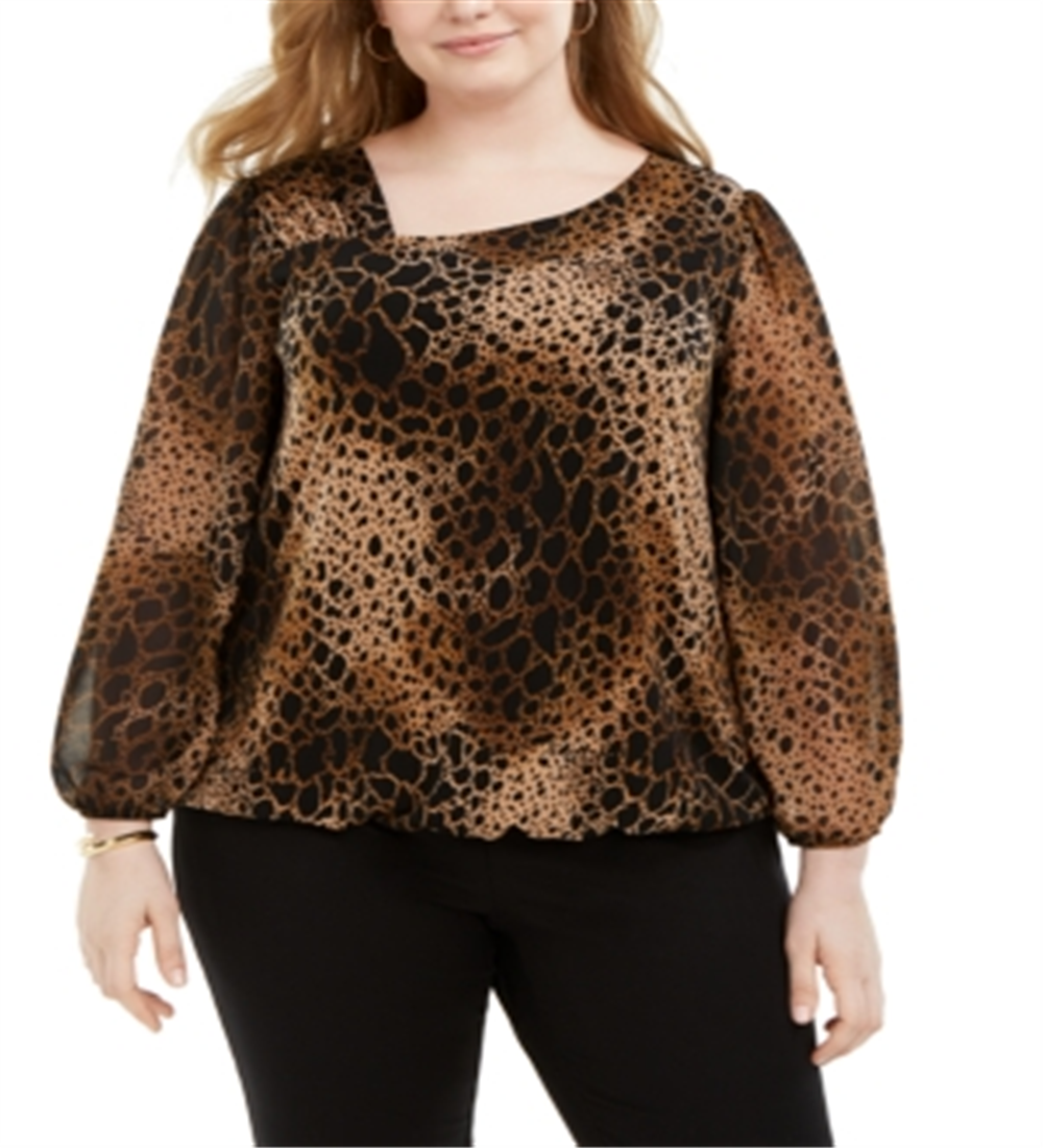 Blusa Plus Size Alfani com Estampa Animal e Gola Assimétrica, Estampa Animal, Preta, Tamanho 2X