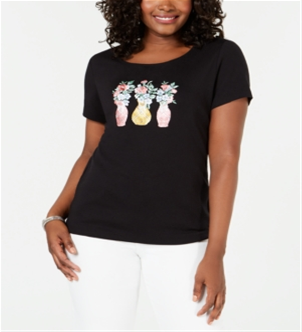 Camiseta feminina bordada Karen Scott, preta, tamanho grande