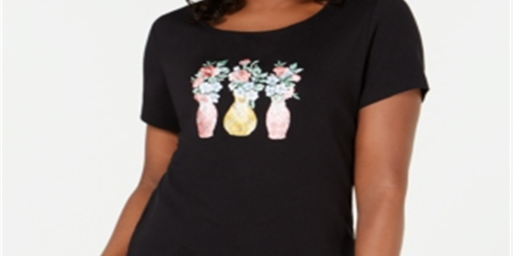 Camiseta feminina bordada Karen Scott, preta, tamanho grande