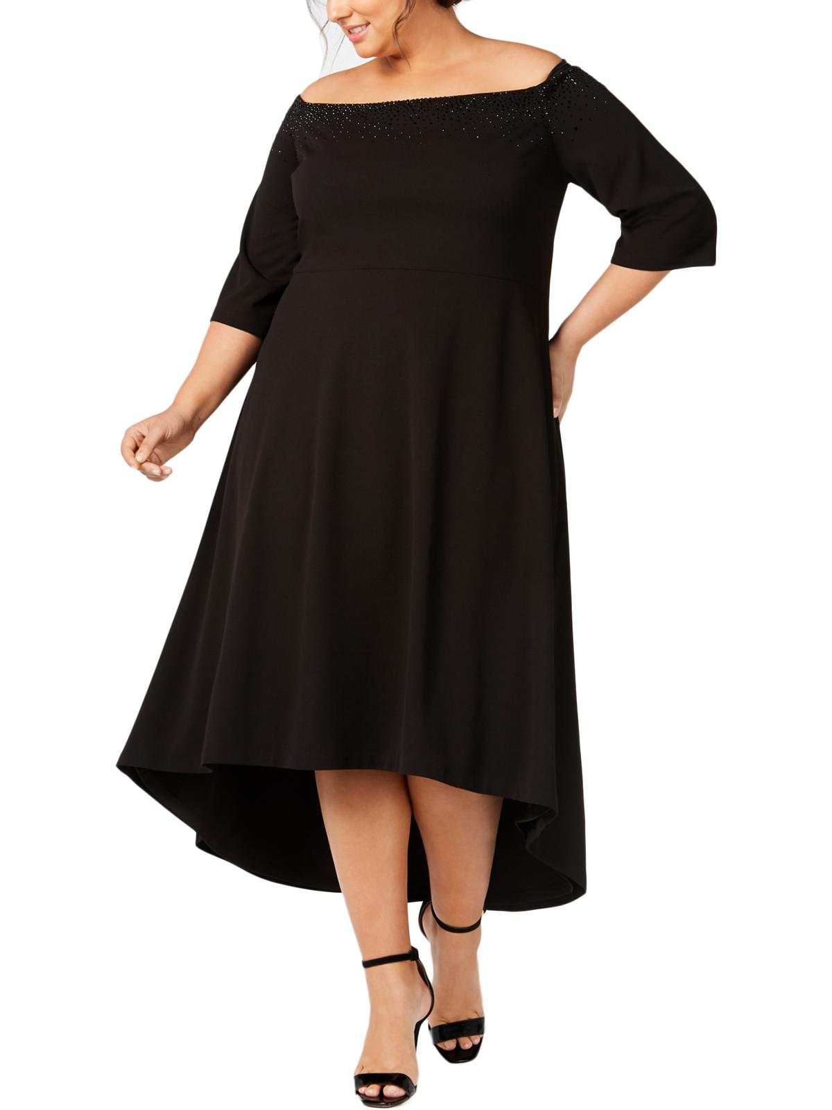 Vestido formal plus size Calvin Klein feminino, ombro de fora, preto, tamanho 22W