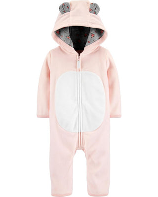 Macacões Carter's para meninas, rosa - macacão de lã com capuz e orelhas de urso com estampa floral rosa e cinza, tamanho 12 meses