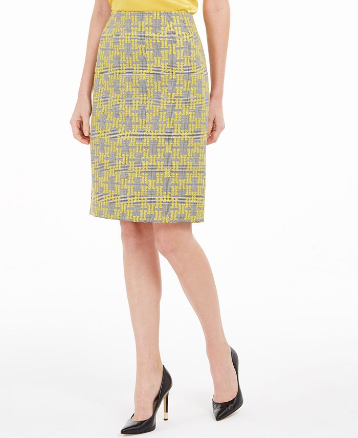Saia lápis xadrez jacquard feminina Kasper, amarela, tamanho 6, pequena