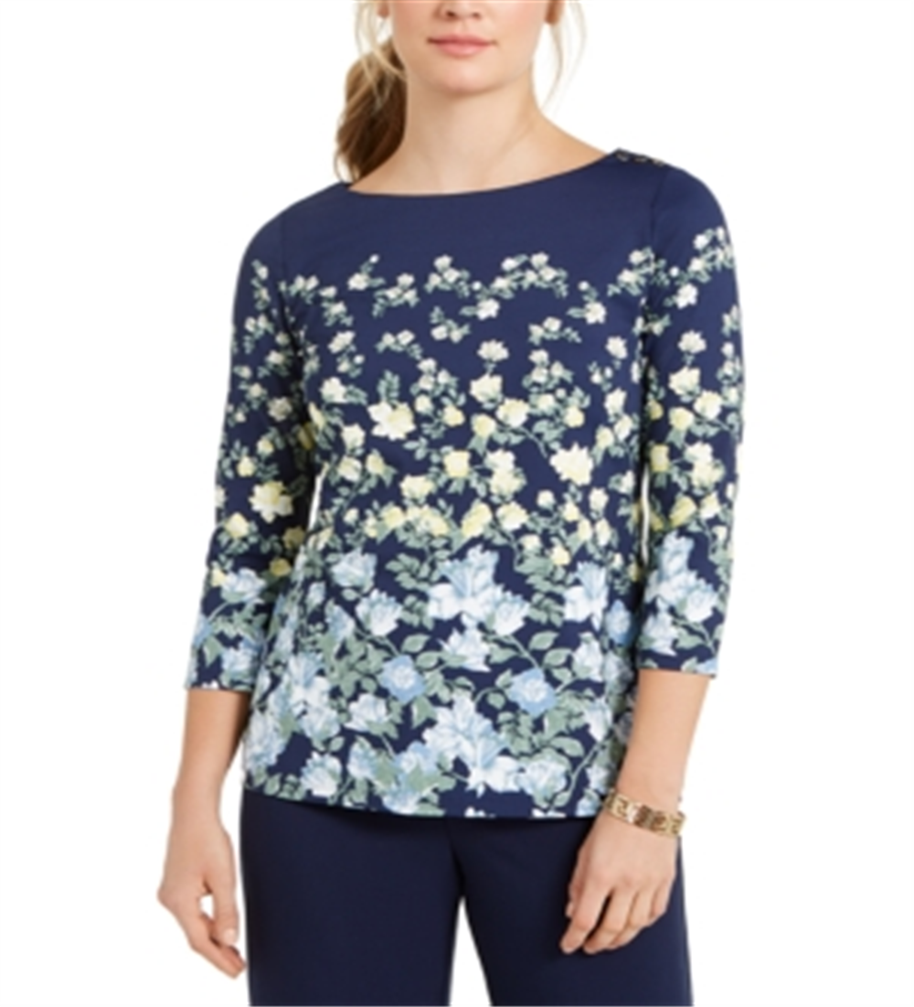 Blusa feminina Charter Club com estampa floral e decote canoa, azul, tamanho pequeno