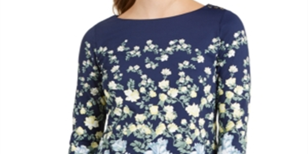 Blusa feminina Charter Club com estampa floral e decote canoa, azul, tamanho pequeno