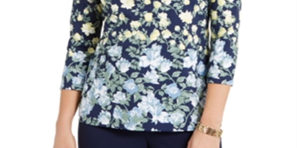 Blusa feminina Charter Club com estampa floral e decote canoa, azul, tamanho pequeno