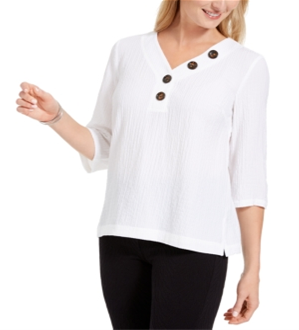 JM Collection Top feminino com decote franzido e botões, branco, tamanho XX-G