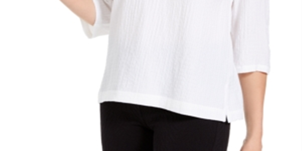 JM Collection Top feminino com decote franzido e botões, branco, tamanho XX-G