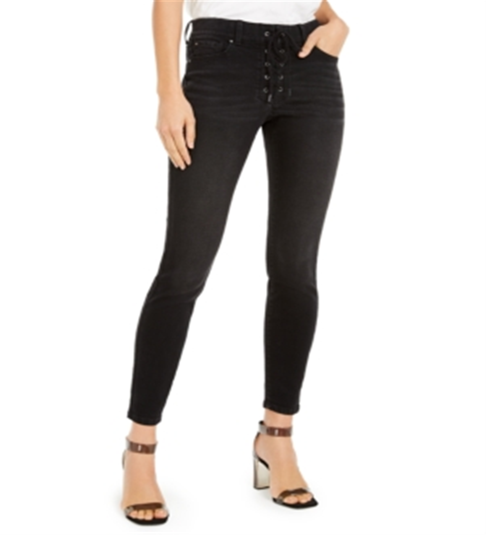 Calça jeans skinny feminina com cadarço e acabamento em renda, preta, tamanho 8, da INC International Concepts