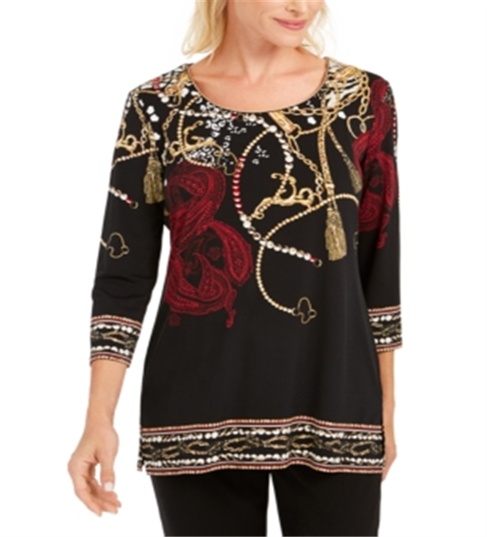 Túnica feminina estampada com miçangas da coleção JM, preta, tamanho XS