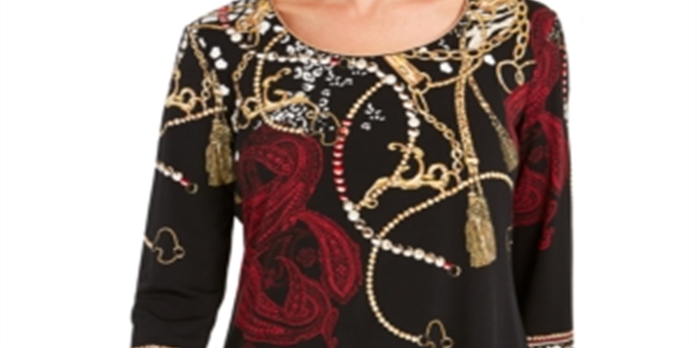 Túnica feminina estampada com miçangas da coleção JM, preta, tamanho XS