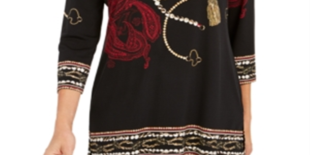 Túnica feminina estampada com miçangas da coleção JM, preta, tamanho XS