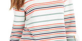 Blusa feminina listrada com manga amarrada Charter Club, branca, tamanho pequeno P/M