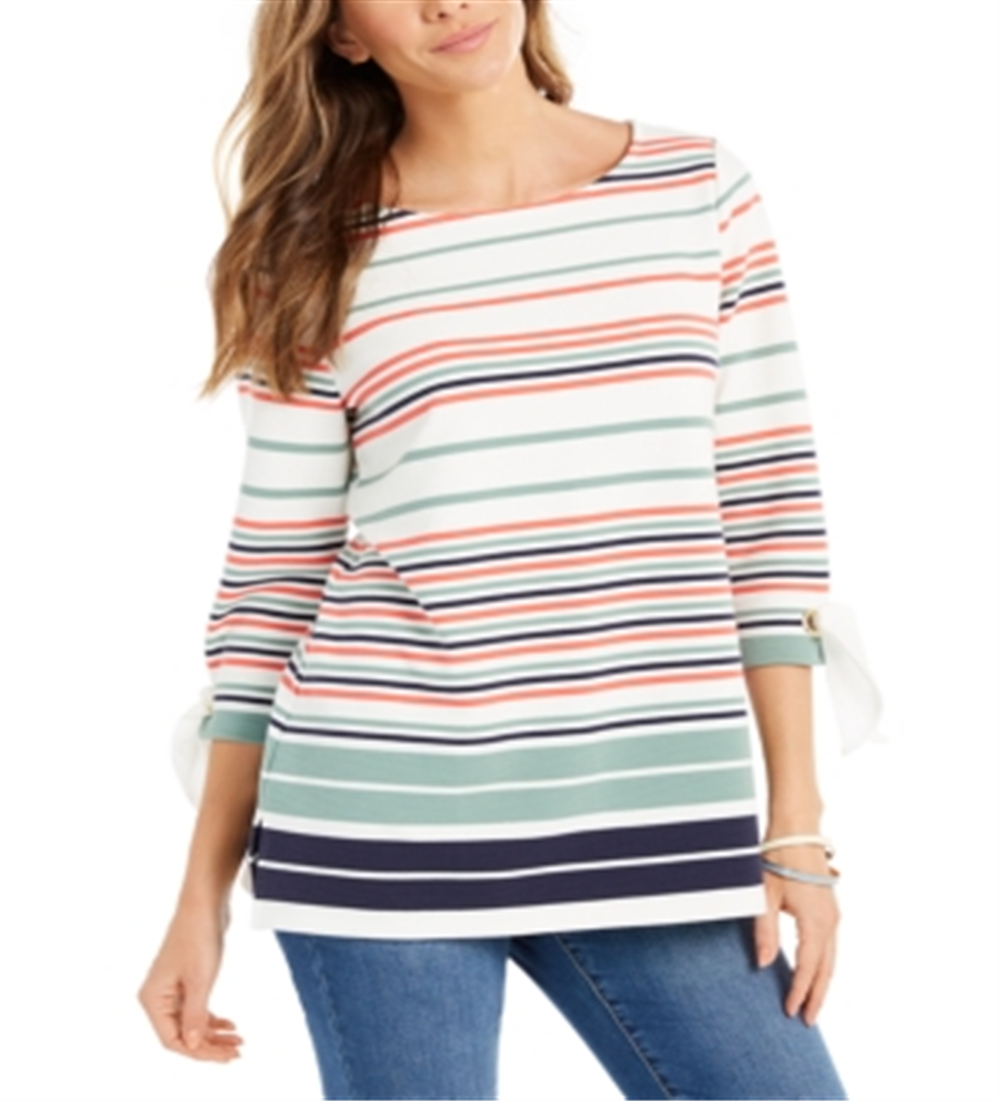 Blusa feminina listrada com manga amarrada Charter Club, branca, tamanho pequeno P/M