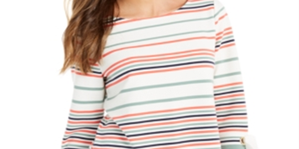 Blusa feminina listrada com manga amarrada Charter Club, branca, tamanho pequeno P/M