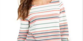 Blusa feminina listrada com manga amarrada Charter Club, branca, tamanho pequeno P/M