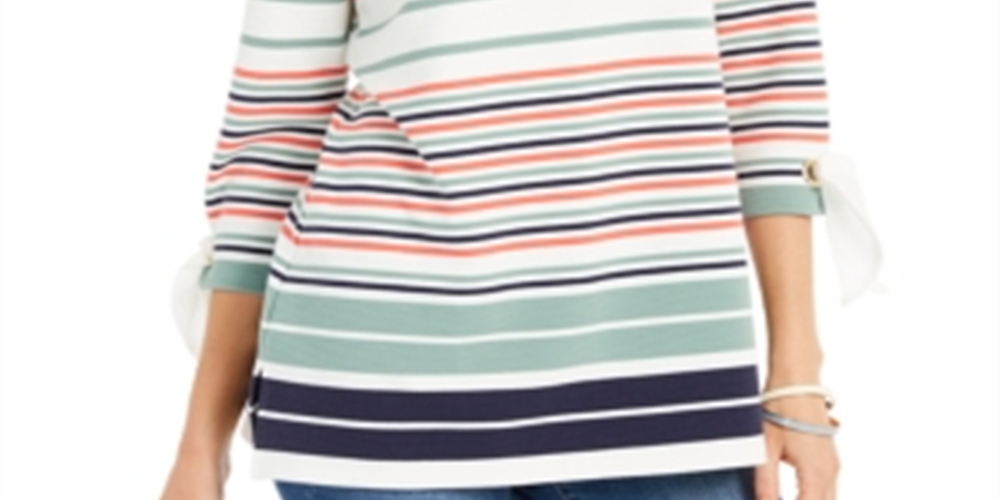 Blusa feminina listrada com manga amarrada Charter Club, branca, tamanho pequeno P/M