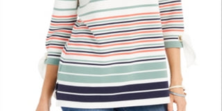 Blusa feminina listrada com manga amarrada Charter Club, branca, tamanho pequeno P/M