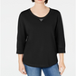 Moletom feminino Karen Scott Sport de algodão com tachas e manga 3/4, preto, tamanho pequeno