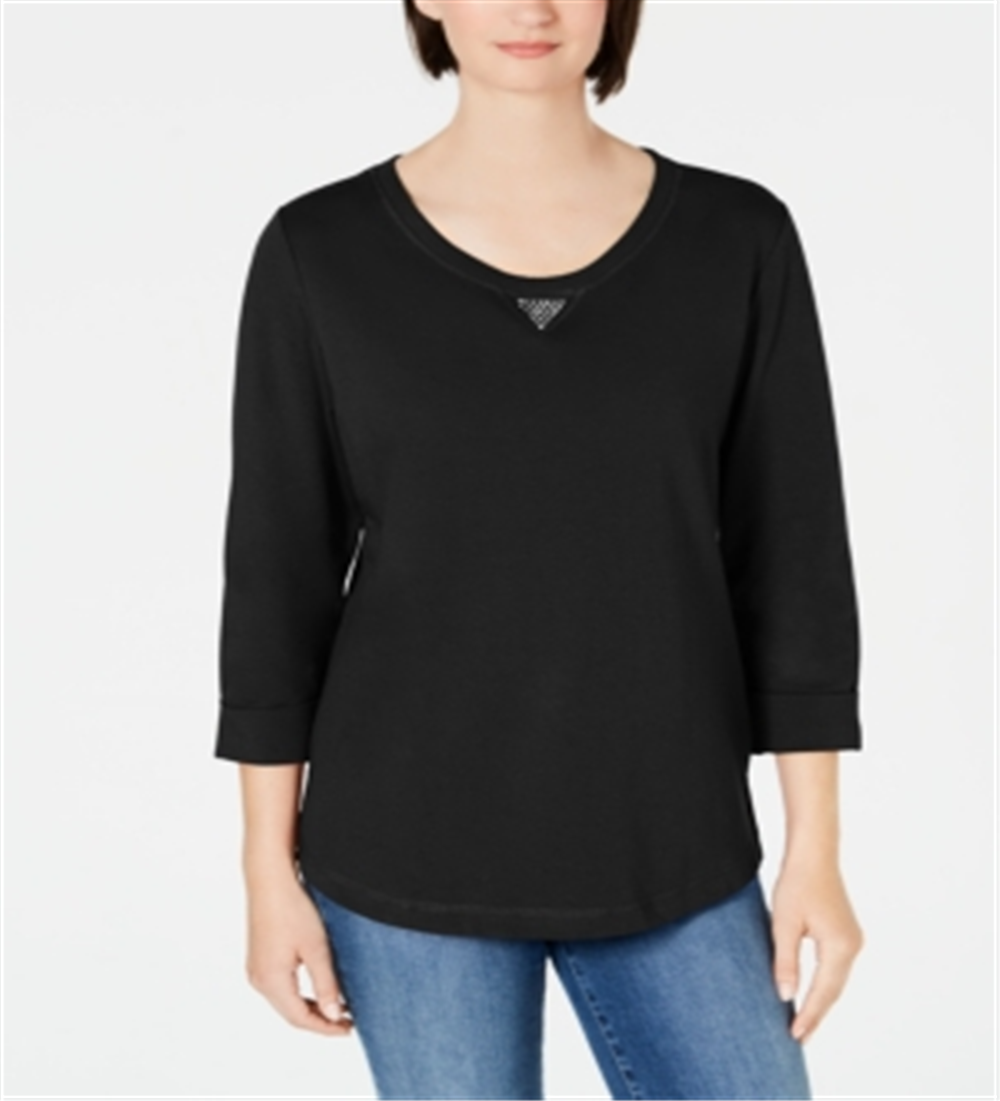Moletom feminino Karen Scott Sport de algodão com tachas e manga 3/4, preto, tamanho pequeno