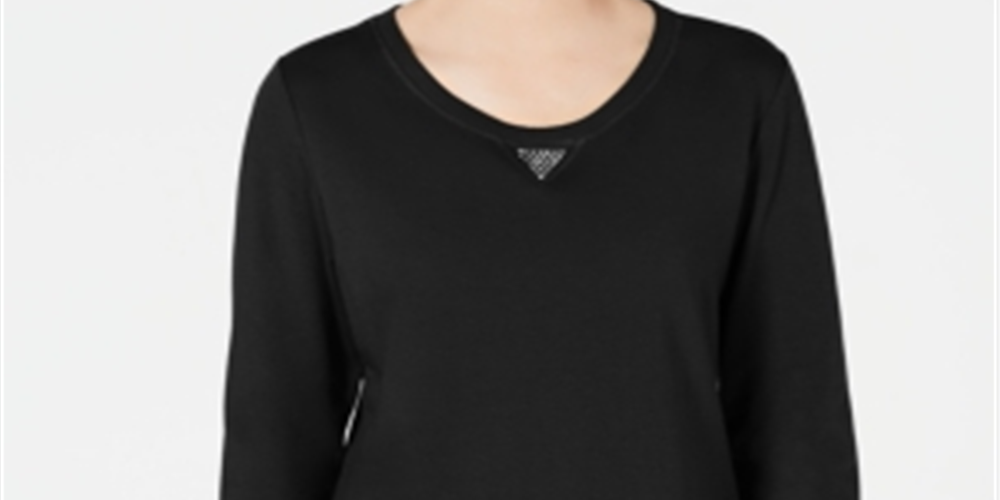 Moletom feminino Karen Scott Sport de algodão com tachas e manga 3/4, preto, tamanho pequeno