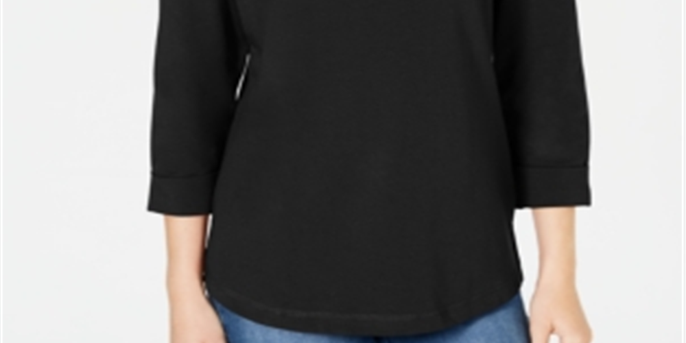 Moletom feminino Karen Scott Sport de algodão com tachas e manga 3/4, preto, tamanho pequeno