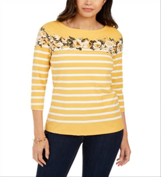 Blusa feminina listrada e com estampa floral Charter Club, amarela, tamanho 2XL