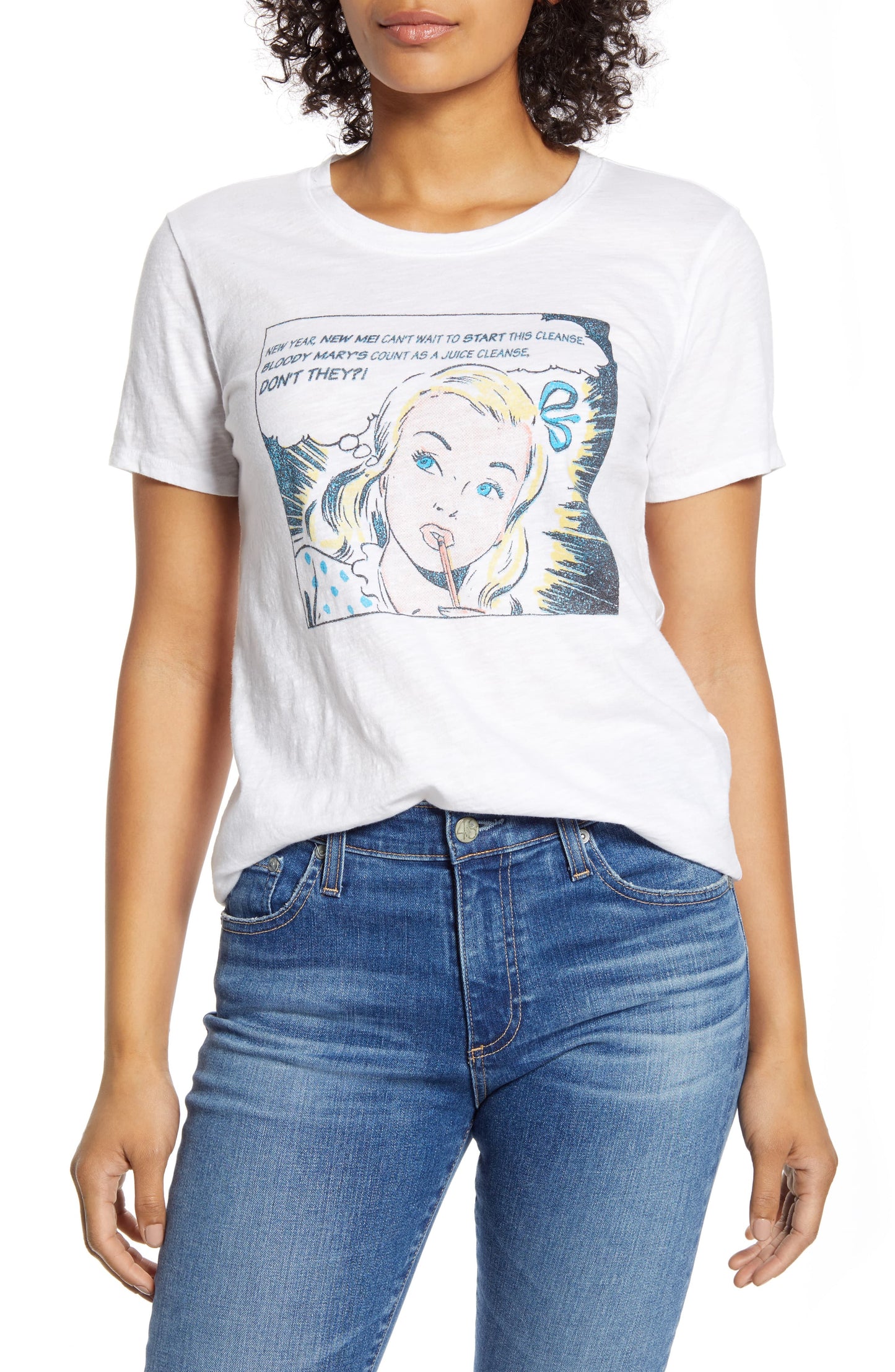 Camiseta feminina com estampa de quadrinhos Lucky Brand, tamanho grande, branca