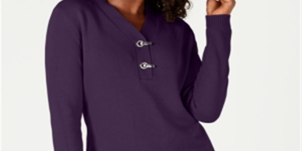 Karen Scott Suéter Feminino de Algodão com Gola V e Hardware Roxo Dynasty Tamanho P