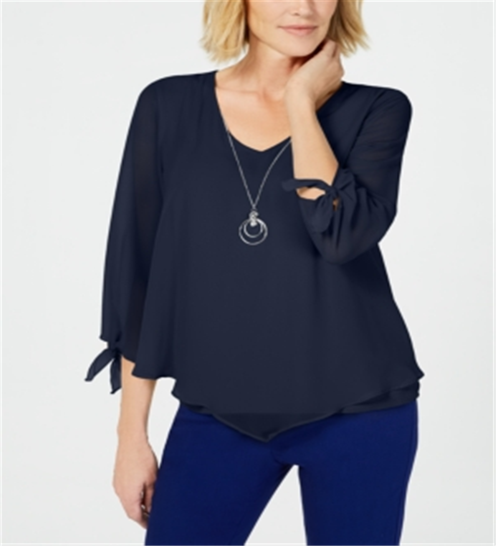 JM Collection Top de chiffon com punho e gravata feminino, azul, tamanho pequeno