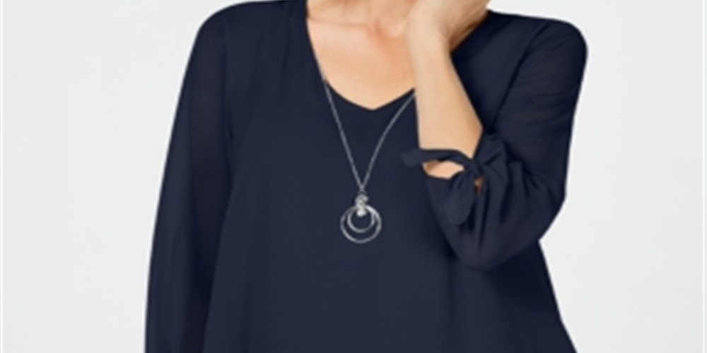 JM Collection Top de chiffon com punho e gravata feminino, azul, tamanho pequeno