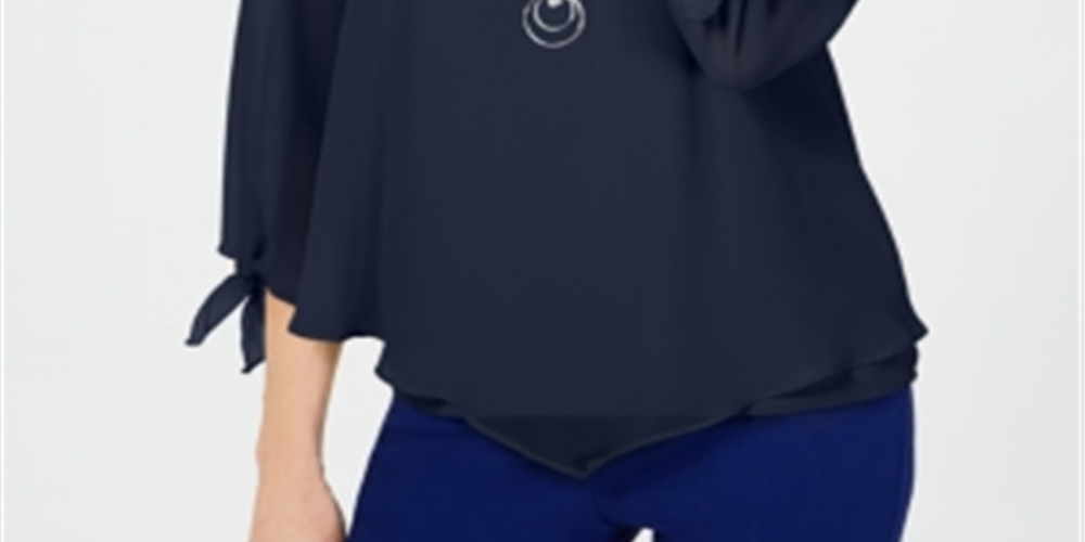 JM Collection Top de chiffon com punho e gravata feminino, azul, tamanho pequeno