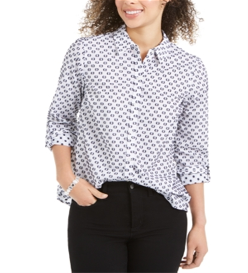 Camisa texturizada estampada de linho feminina Charter Club, azul, tamanho grande