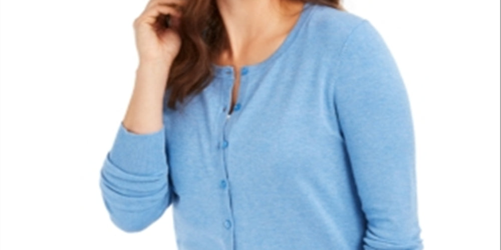 Cardigan feminino de manga comprida com botões na frente, azul, tamanho médio