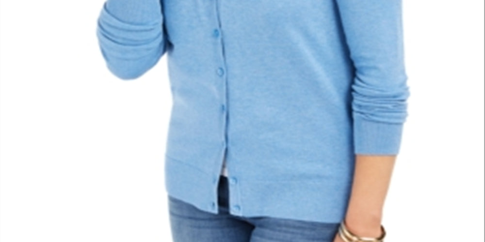 Cardigan feminino de manga comprida com botões na frente, azul, tamanho médio