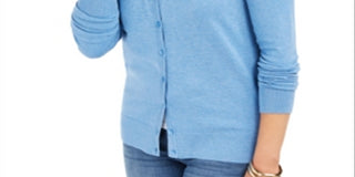 Cardigan feminino de manga comprida com botões na frente, azul, tamanho médio