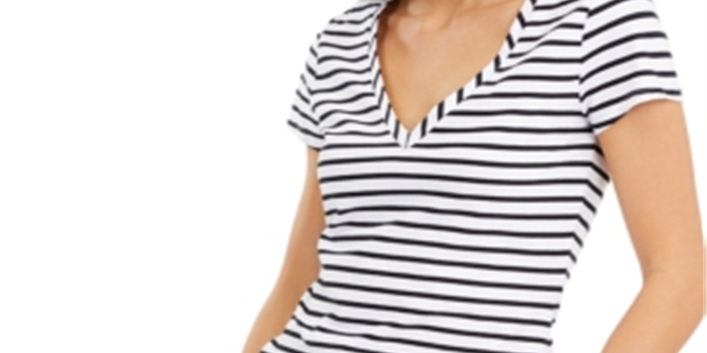 Camiseta básica listrada feminina INC International Concepts - Branco Preto Tamanho Grande