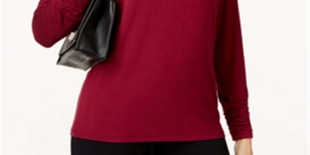 Camiseta feminina Alfani com gola redonda franzida, vermelha, tamanho médio