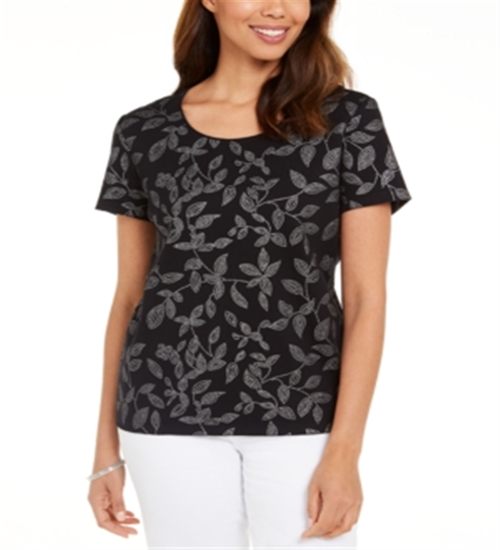 Camiseta feminina Karen Scott com estampa de videira, preta, tamanho pequeno