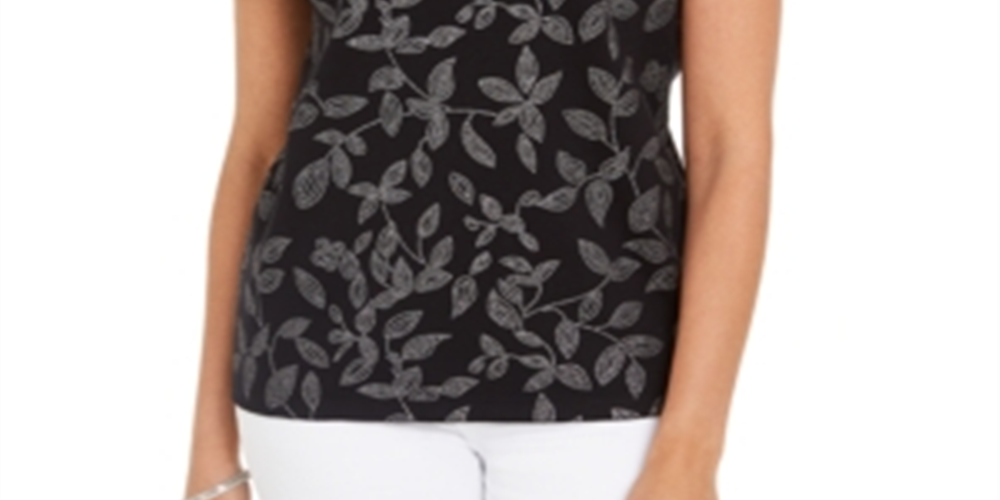 Camiseta feminina Karen Scott com estampa de videira, preta, tamanho pequeno