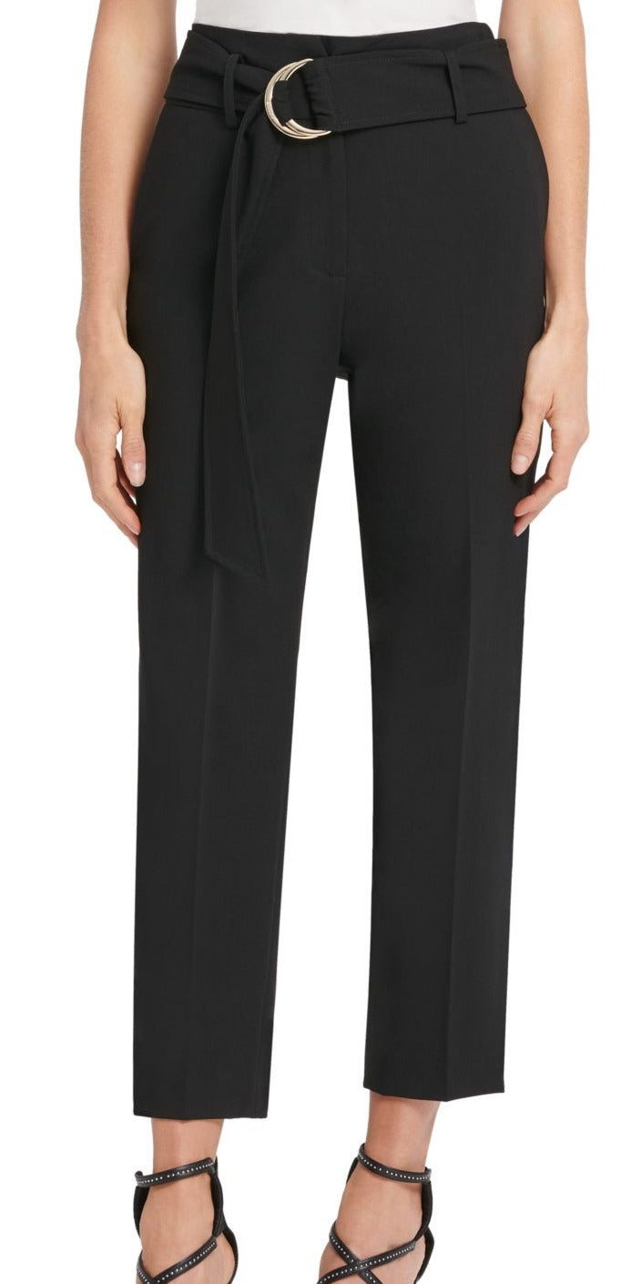 Calça social feminina DKNY cintura alta com cinto elástico, preta, tamanho 16