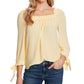 Top CeCe Feminino com Gola Franzida e Manga Amarrada, Amarelo, Tamanho Pequeno